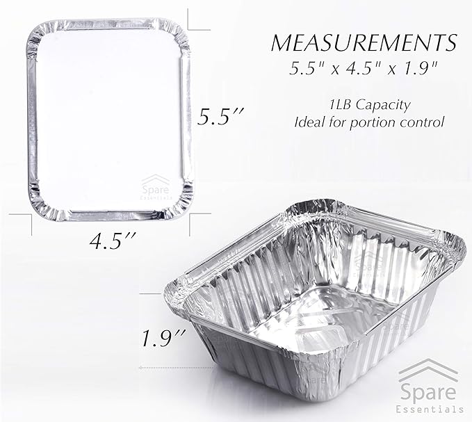 Spare Essentials 55 Pack - Small Foil Pans with Lids - Aluminum To Go Food Containers with Lids - 1lb Mini Aluminum Pans - Freezer Safe Foil Take out Trays - Heat proof Aluminum Meal Prep Containers