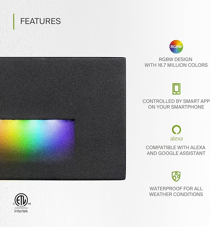 ASD LED Recessed Step Light Fixture, Outdoor & Indoor Stair Tread Lighting | RGBW, Smart, Waterproof, ETL Listed | 3W 60LM RGB-2700K-6500K 120V | Staircase Hardwired Illumination | Black, 6 Pack