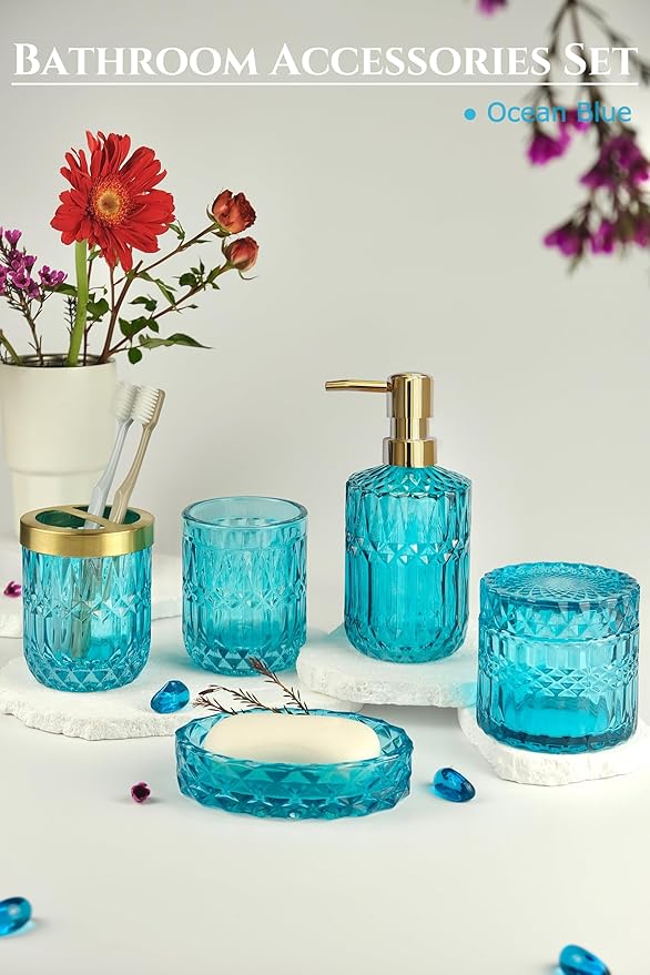 Teal Blue Bathroom Accessories Set, 5Pcs Clear Glass Bathroom Accessories, Hand Soap Dispenser Set, Soap Dish, Toothbrush Holder, Tumbler, Qtip Holder for Crystal Vantage Bathroom Decor