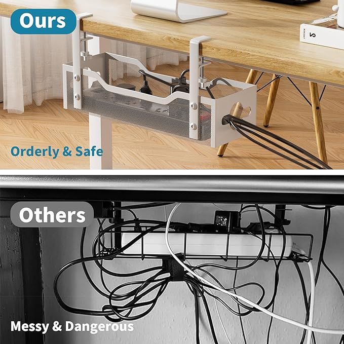 Under Desk Cable Management Tray No Drill, 13.38'' Metal Tray with Clamp for Wire Management, Litwaro Cord Organizer Home Office Damage to Standing Desk, White