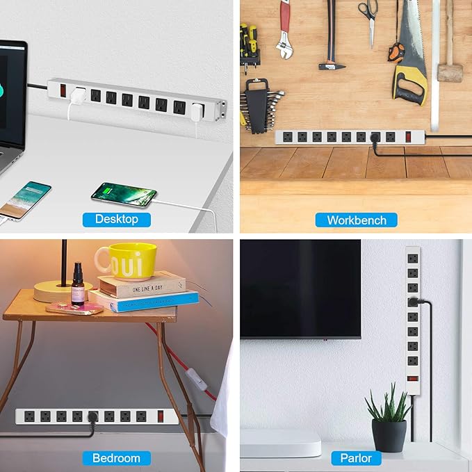 JUNNUJ Metal 8 Outlet Power Strip, Mountable Heavy Duty Power Strip, 1200J Surge Protector Wall Mount Screws Outlet with Switch, Gaming Desk Strips Wide Spaced 15A 125V 1875W, 10 FT 14AWG Power Cord