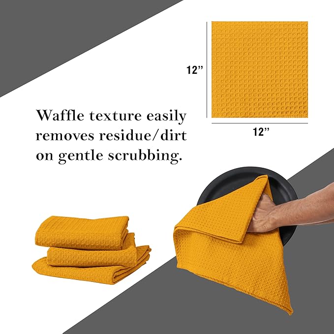 Mustard Yellow Waffle Dishcloths, 12"x12", Absorbent, Soft, Durable, 100% Cotton, Fast Drying, Machine Washable, Reusable, Perfect for Kitchen Cleaning, Multipurpose Towels, Set of 12