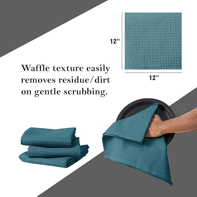 Teal Waffle Dishcloths, 12"x12", Soft, and Absorbent, 100% Cotton, Reusable, Quick Drying, Machine Washable, Ideal for Kitchen Cleaning, Multipurpose Towels for Everyday Use, 12 Pack