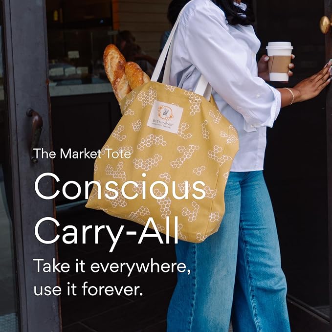 Bee's Wrap Market Tote Bag (Pack of 2) - Organic Cotton - Extra Large Reusable Grocery Bags - Tote Bags with Pockets and Straps - Yellow Honeycomb Pattern