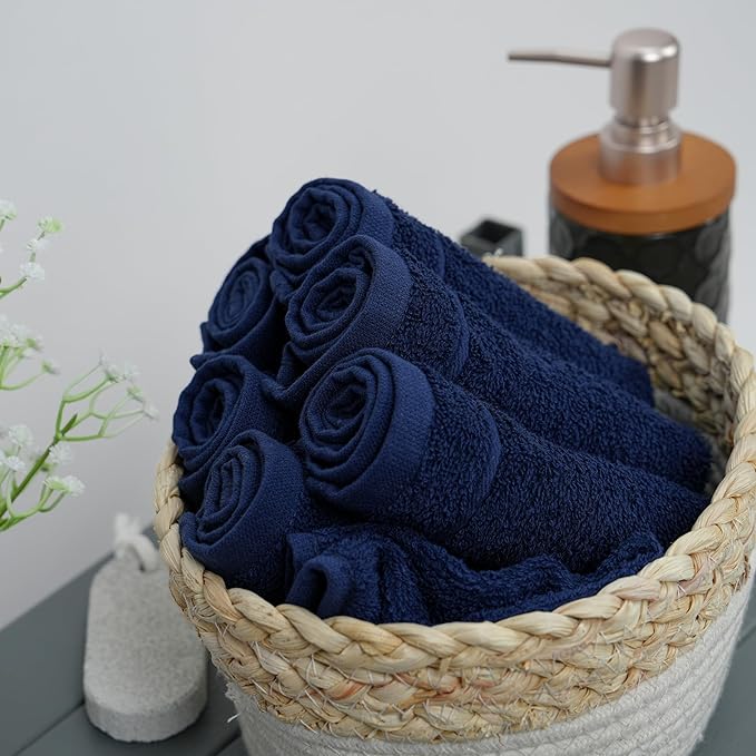 Tens Towels Pack of 24 Washcloths, 12 x 12 Inches, Lighter Weight, Quick to Dry, Super Soft & Absorbent, Gentle Face Towels, Hotel Quality, Perfect for Bathroom, Gym, Spa (Navy, 24 Pack)