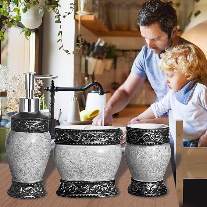 6 Pieces Bathroom Accessories Set Including Trash Can, Cup, Toothbrush Holders, Soap Dishes, Soap Dispenser and Toilet Brush, Home Decoration, Retro Style, Grey