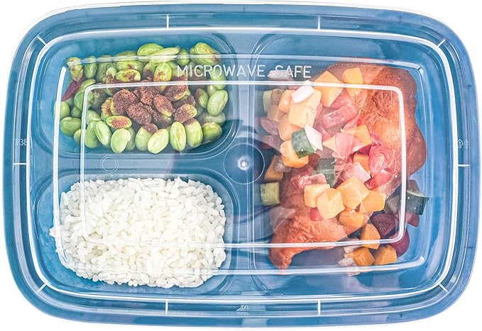 Restaurantware Asporto 26 Ounce Compartment Take Out Boxes, 100 Microwavable Meal Prep Containers - 3 Compartments, With Clear Plastic Lids, Midnight Blue Plastic Food Containers, Do Not Contain BPA