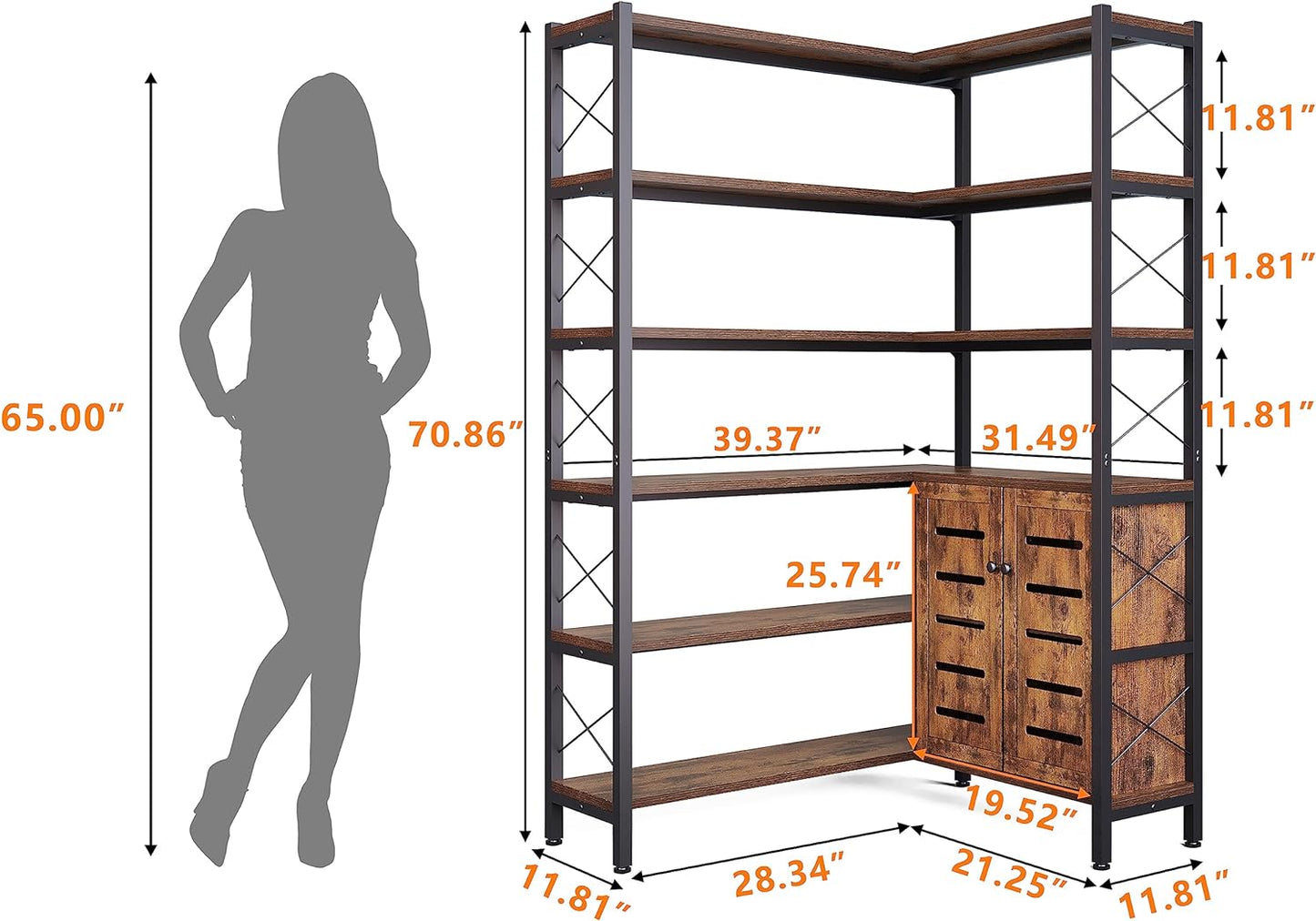 6-Shelf Corner Bookshelf, Vintage Industrial Corner Shelf Etagere Bookcase, Large Book Shelf with Metal Frame Open Storage Corner Cabinet (Brown-Lockers)