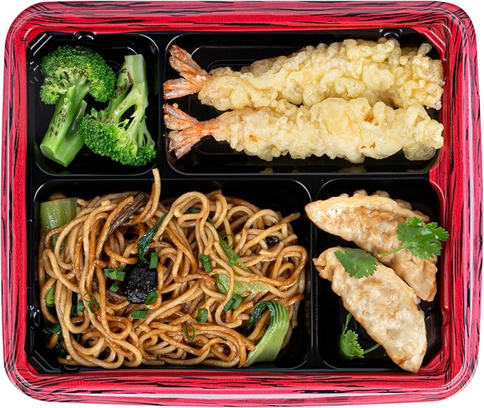 Restaurantware Bento Tek 15.2 Ounce Meal Prep Containers, 50 Disposable To Go Food Boxes - Lids Sold Separately, 4 Compartments, Red And Black Plastic Bento Lunch Boxes, Freezable, For Take Out