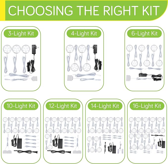 LED Puck Lights Kit for Under Cabinet Lighting, Octopus Connection, On/Off Switch, Plug in & Hardwired, 120V AC Powered to DC12V, White Cords, 14 Lights, Warm White