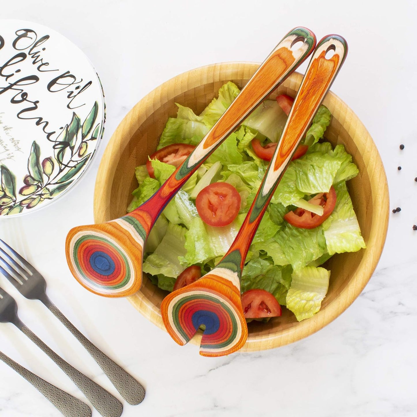 Totally Bamboo Baltique Marrakesh Collection Wooden Salad Serving Utensils Set, 11-3/4" Long