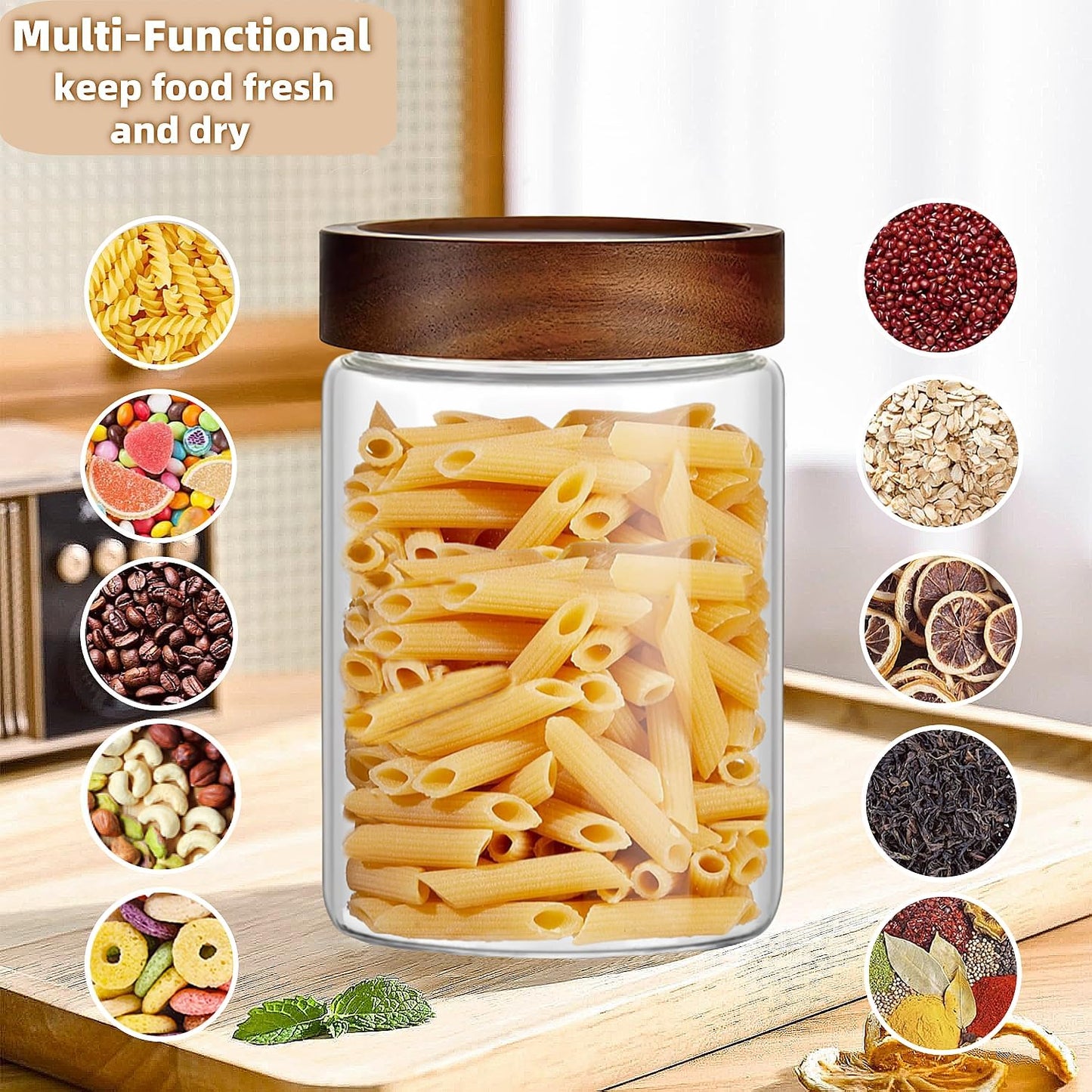 Set of 2 Glass Food Storage Jars, Premium Clear Glass Container Jar with Airtight Wooden Screw Lid, Kitchen Canisters for Coffee,Tea,Pasta,Cookies, Nuts,Spice,Candy,Overnight Oatmeal