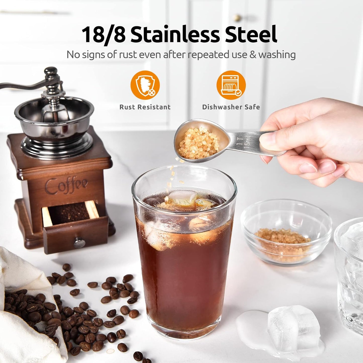 Coffee Scoop: U-Taste 18/8 Stainless Steel Measuring Coffee Scoop 1 tablespoon & 2 tablespoon, Short Handled Measure Scooper for Ground Coffee, Bean in Canister (Silver, 1Tbsp&2Tbsp / 15ml&30ml)