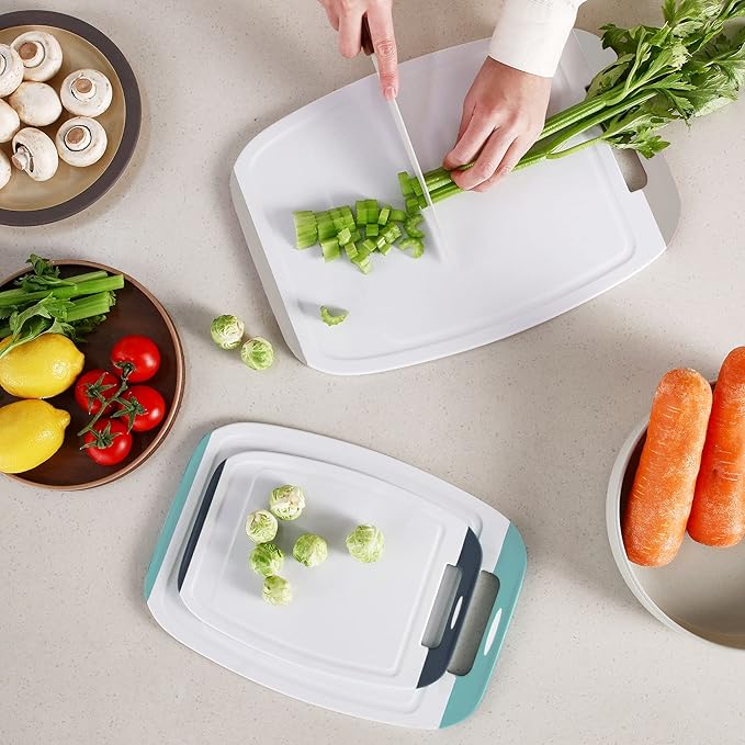 Neoflam Microban Protection Cutting Board 3 Piece Set, Stain & Odor/BPA Free, Reversable Board, Upgraded Larger Juice Groove, Non-Slip EZ Grip Handle, Dishwasher Safe,Grey