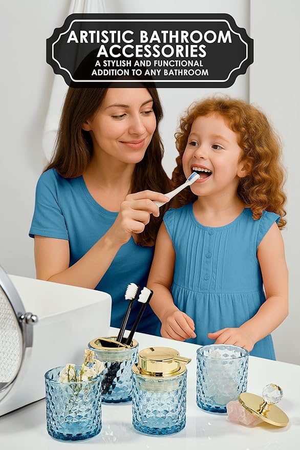 Blue Bathroom Accessories, 4Pcs Blue Bathroom Accessory Set Complete, Toothbrush Holder Set, Soap Dispenser, Qtip Holder, Tumbler, Perfect for Bathroom Decor and Vanity