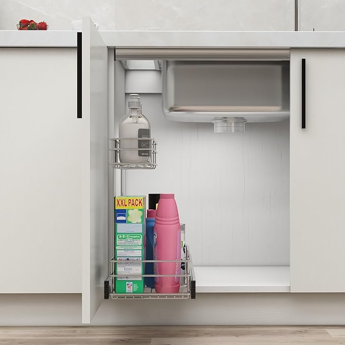 Under Sink Organizer 9"W X17"D, Pull Out Cabinet Organizer 2 Tier, Under Sink Slide Out Chrome Plated, Under Kitchen Bathroom Sink Organizer, Pantry Cabinet Closet Organization Rack, 2 Pack