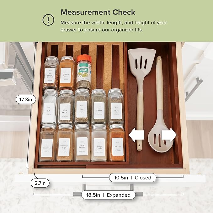 Spice Drawer Organizer with Expandable Storage. Holds up to 15 Spice Jars (Not Included), Non-Slip Feet, Kitchen Accessory Storage, 100% Sustainable Bamboo Wood (Natural Acacia)