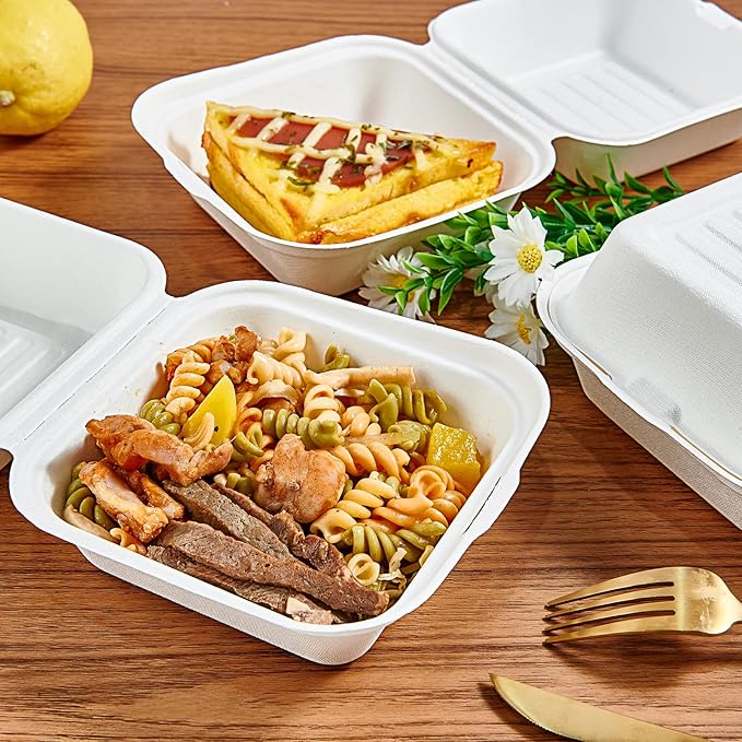 ECOLipak 200 Pack Clamshell Take Out Food Containers, 100% Compostable Disposable To Go Containers，6 * 6 inch To Go Boxes for Salad, Cake,Sandwiches