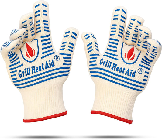 GRILL HEAT AID BBQ Grill Gloves Heat Proof for Grilling – Fireproof 1472°F Heat-Resistant Grill Mitts for Outdoor Barbecue and Smoker, Campfire, Fire Pit, Oven Glove with Fingers for Baking Pizza