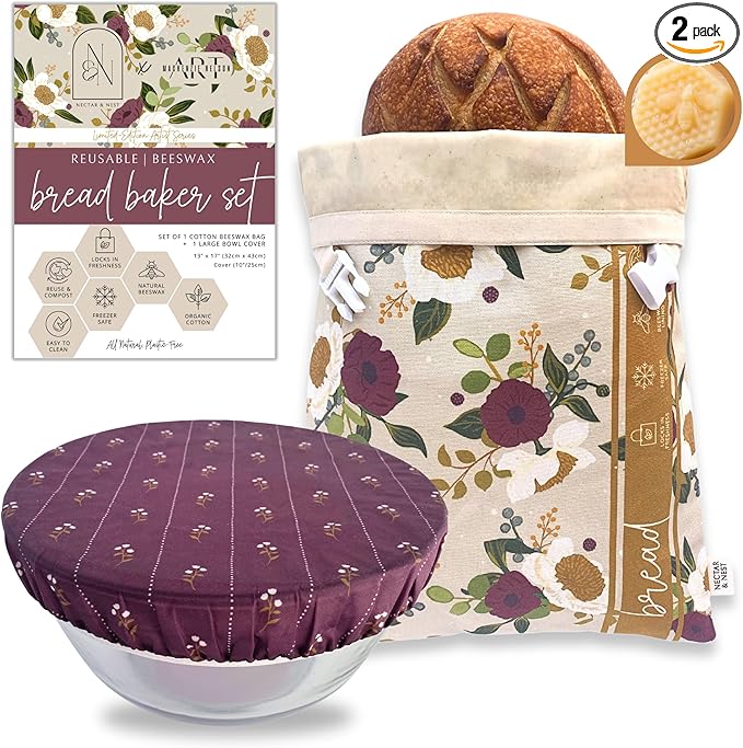 Nectar & Nest Bread Baker Set, Reusable Beeswax Bread Bags for Homemade Bread, Sourdough Bag, Organic Cotton Beeswax Bowl Cover, Limited-Edition Artist Series (December Blooms by Mackenzie Nelson Art)
