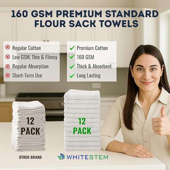 Flour Sack Towels |TeaTowel for Crafts| Kitchen |Dish |Cotton Blank Towel for Embroidery|Baking Bread Proofing Linen Cover Diamond Crinkle|Thick Absorbent Quick Dry |12 Pack 18"x28" Natural