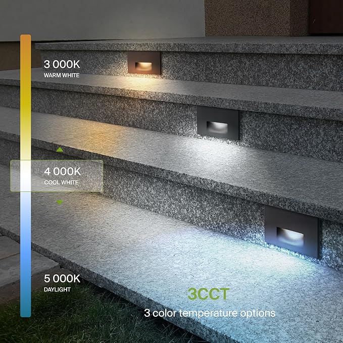ASD LED Recessed Step Light Fixture, Outdoor & Indoor Tread Lighting | 3CCT, Dimmable, Waterproof, ETL Listed | 3W 120LM 3000K-5000K 120V | Staircase Hardwired Illumination | Dark Bronze, 12 Pack