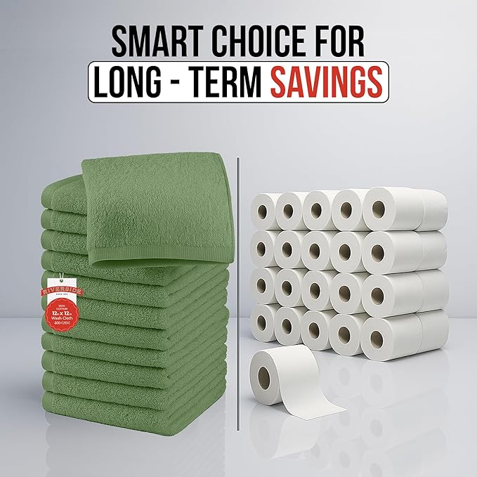 RIVERSIDE 24 Pack Washcloths Set - 100% Cotton [12x12 Inches] - Soft, Quick-Dry & Highly Absorbent Face Towels - Perfect for Bathroom, Gym, Hotel, Spa & Travel - Sage Green