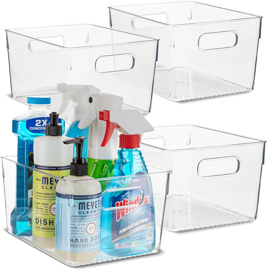 Plastic Food Storage 4 Pack Clear Container Bin with Handles for Organizing Kitchen, Pantry, Refrigerator, Freezer, Pantry, Cabinet, Closet, Bathroom. 10”x7.5”x5.3”
