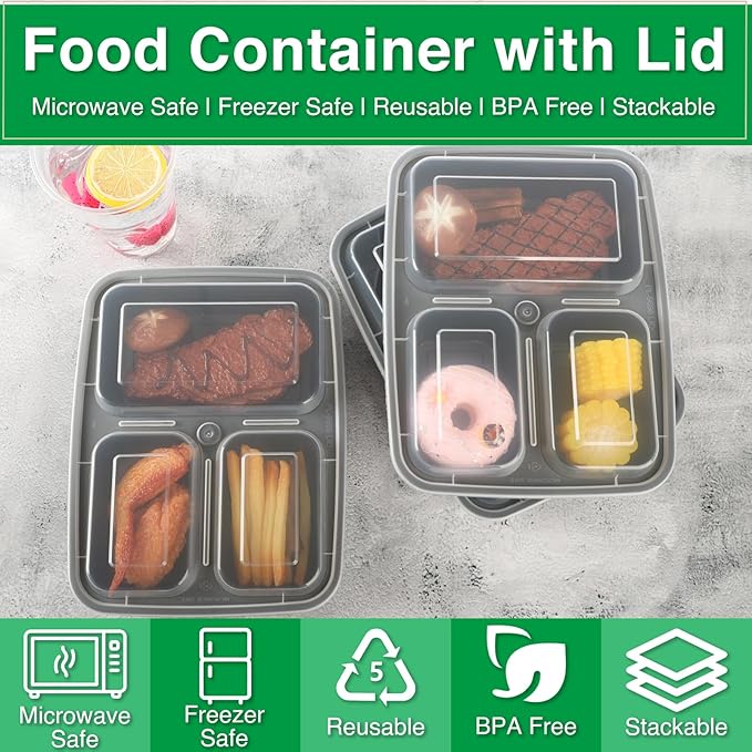 Meal Prep Containers 3 Compartment 20 Pack, 32 oz Divided Reusable Food Storage Containers with Lids Takeout Food Storage Black with 20 Forks, Microwave Dishwasher Freezer Safe, BPA Free