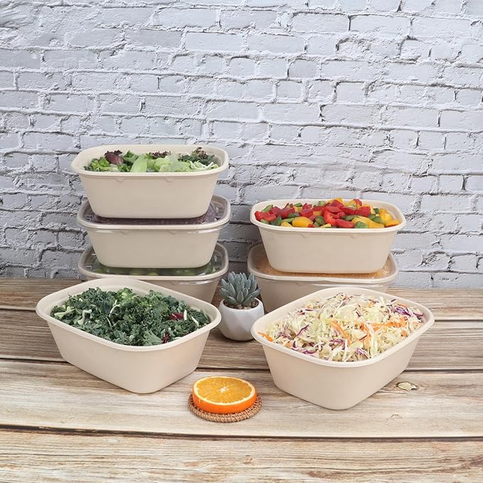 44 oz Disposable salad bowls with lids, Sugarcane Fiber Paper Bowls take away food containers meal prep Plant Fiber deli container 50 Pack