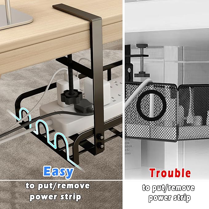 Sleclean Under Desk Cable Management Tray, Upgraded Long Arm Clamp, 16.6"x7.1" No Drill Steel Organizers, Cable Tray with Clamp for Wire Management, Home - No Damage to Desk
