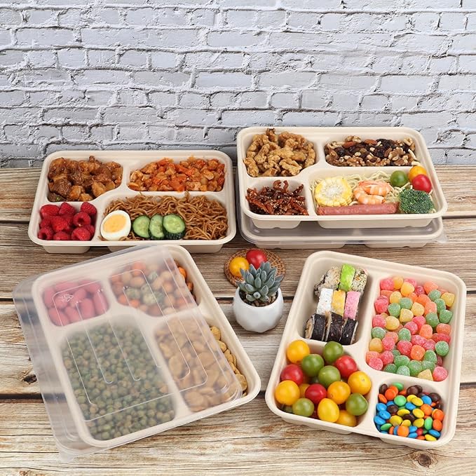40 oz 4 Compartments disposable Sugarcane Fiber plates with Lids Bagasse Plant Fibers Freezer Safe 25 Pack