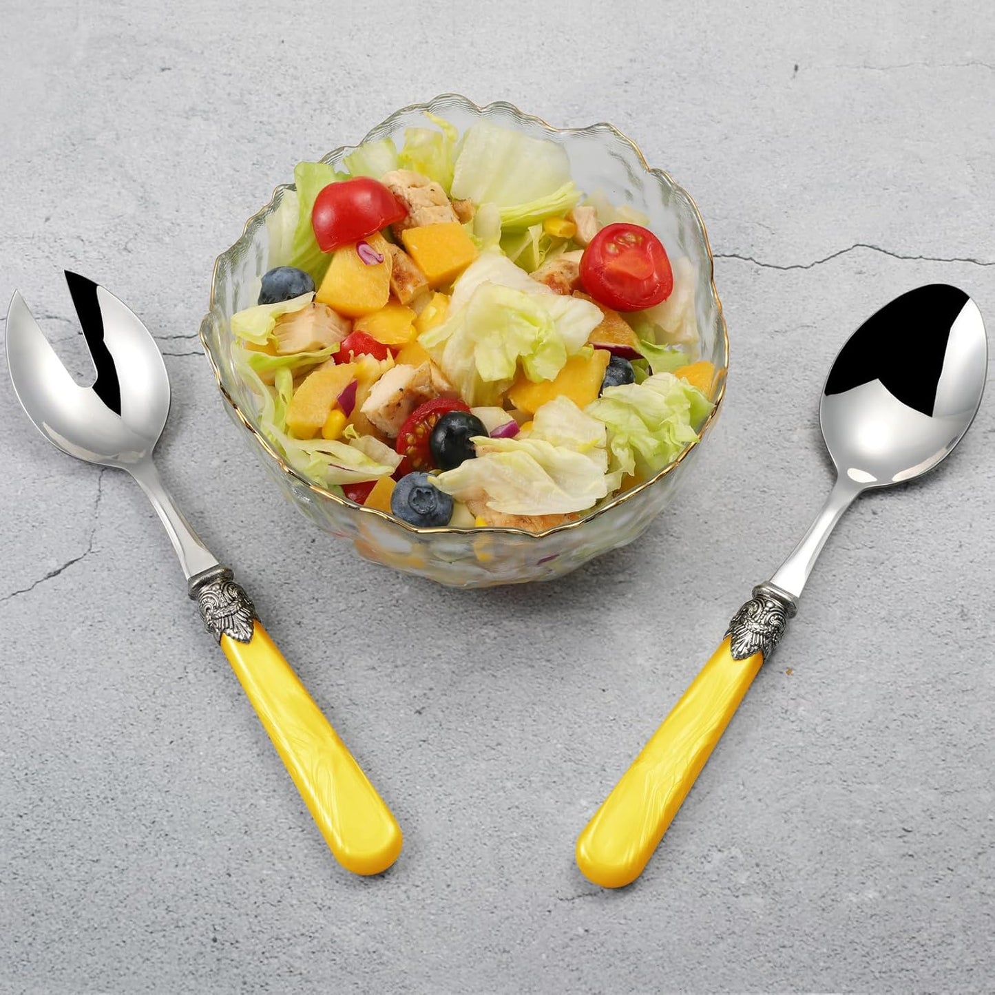 2-piece Salad Servers Stainless Steel Salad Serving Set Salad Fork and Spoon (Yellow)