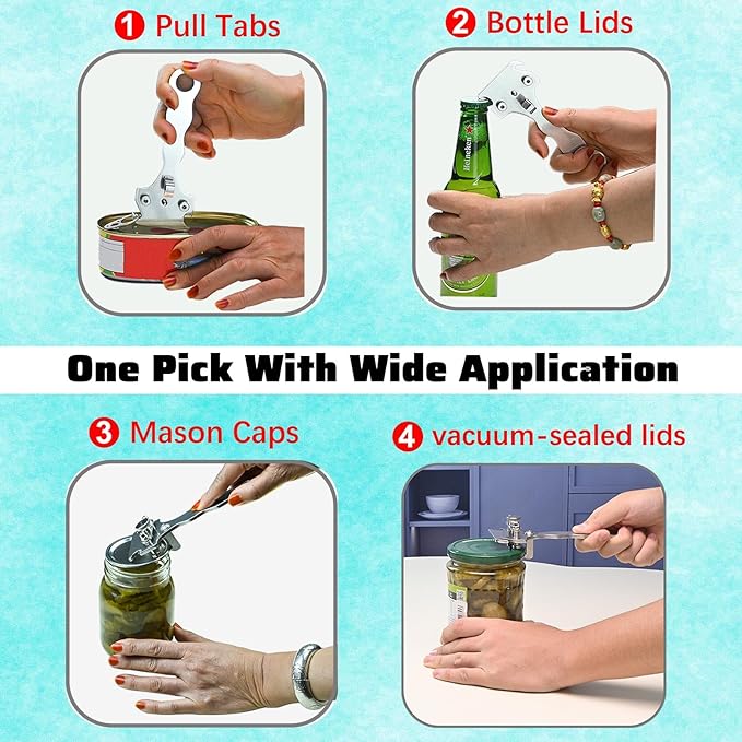 Adjustable Jar Opener Multi-Function Vacuum Can Key Lid & Bottle Cap Opener Tool for Seniors Mason Jar Openers No Lid Dents or Damage - All Stainless Steel Thickened Material, Made For Lifetime