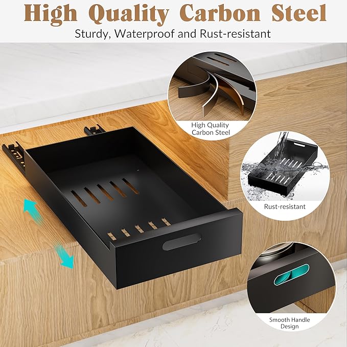 HBL' 2 Pack | 16.9" Deep Pull Out Cabinet Organizer Adhesive, 10-Inch Wide Sturdy Carbon Steel Roll-Out Drawers for Face Frame or Frameless Cabinets, Slide-Out Shelves for Pantry.