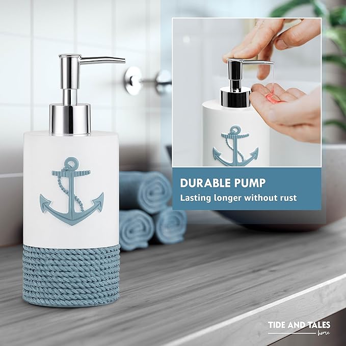 TideAndTales Luxury Nautical Bathroom Accessories Set (4 Piece) Rope and Anchor Beach Bathroom Decor with Ocean and Sea Theme Design, Countertop Coastal Soap Dispenser Set