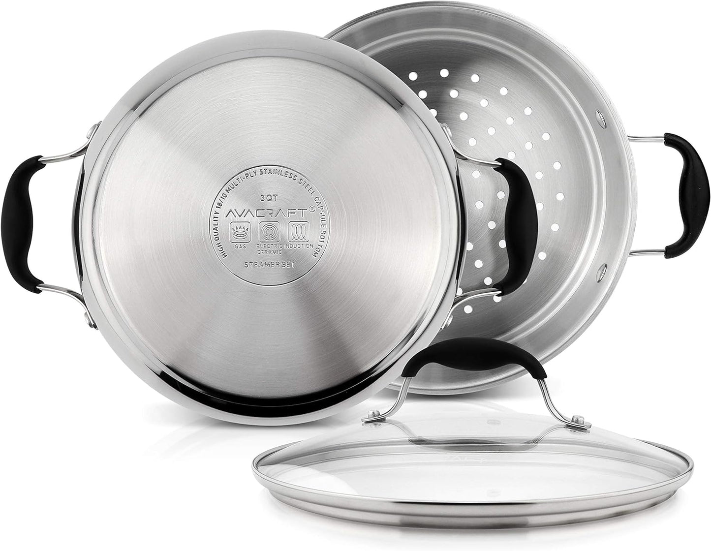 AVACRAFT 18/10, 3 Piece Stainless Steel Cooking Pot Set with Glass Lid, Momo Maker, Induction Steamer Pot