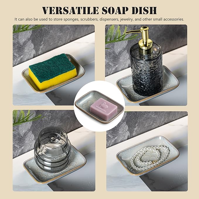 Gomakren Soap Dish for Shower, Ceramic Soap Dishes for Bar Soap Sponge, Shower Soap Holder Saver Tray for Bathroom Kitchen Sink, Easy to Clean, Gray
