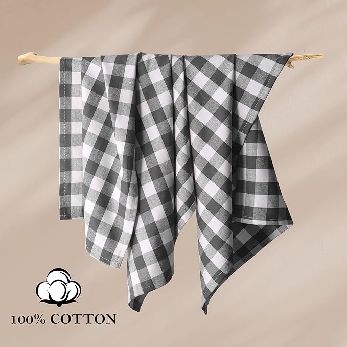 Grey Gingham Kitchen Towels, 18x26 Inches, Soft, Absorbent, Quick Drying, 100% Cotton, Washable & Reusable, Premium Quality Checkered Towels for Drying Dishes, Multipurpose Cleaning