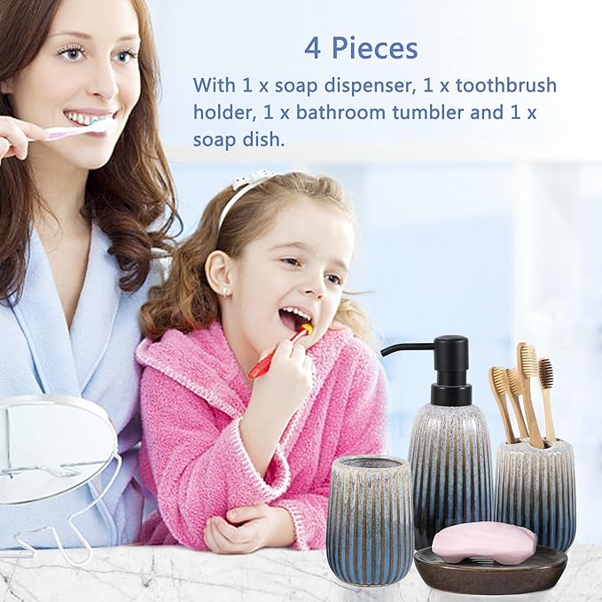 Bathroom Accessories Sets Complete -Set 4 Pcs, Ceramic Bathroom Accessory Bath Ensemble Includes Soap Dispenser, Toothbrush Holder, Toothbrush Cup, Soap Dish for Modern Bathroom Home Decor