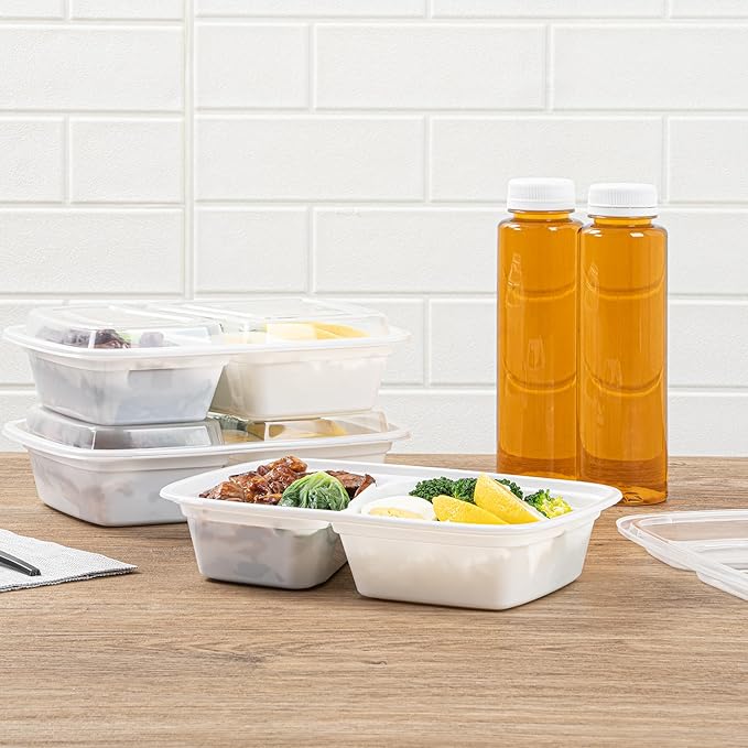 Restaurantware Asporto 32 Ounce Compartment Take Out Boxes, 50 Microwavable Meal Prep Containers - 2 Compartments, With Clear Plastic Lids, White Plastic Food Containers, Do Not Contain BPA