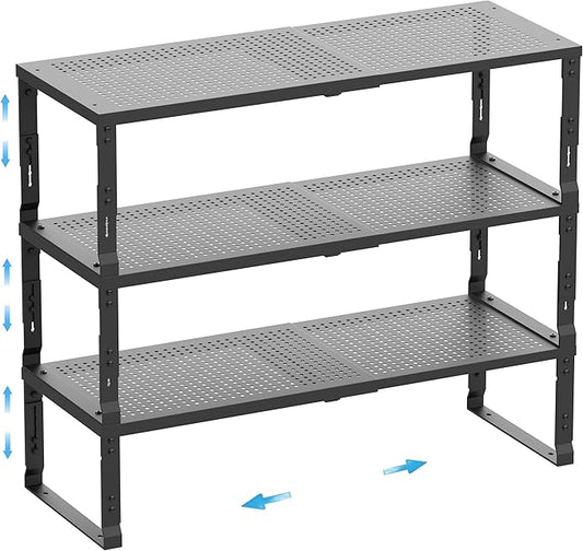 Expandable Spice Rack,Stackable Storage for Cabinet, Multi-Functional Kitchen Shelving,Height-Adjustable,Sustainable Organizer Solution(3Packs/Black/Medium)