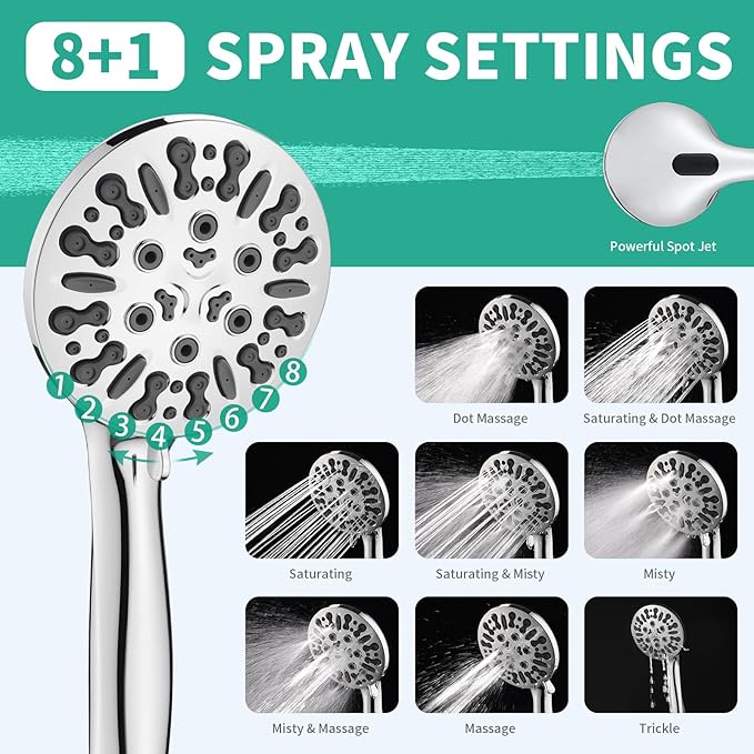 Filtered Shower Head with Handheld Combo, Hard Water Filter Shower Head with 9 Shower Modes, Dual Shower Heads High Pressure, Shower Filters to Remove Chlorine and Fluoride (Chrome)