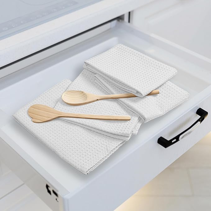 White Waffle Kitchen Towels, 16x26 Inches, 100% Cotton, Soft, Absorbent, Quick Drying, Reusable, and Machine Washable, Ideal for Drying Dishes, Cleaning, Multipurpose Towels, 4 Pack