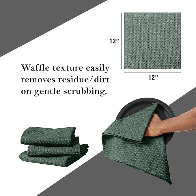 Olive Green Waffle Dishcloths, 12"x12", Durable, Soft, Absorbent, 100% Cotton, Quick Drying, Reusable, Machine Washable, Ideal for Cleaning, Multipurpose Towels, Set of 12