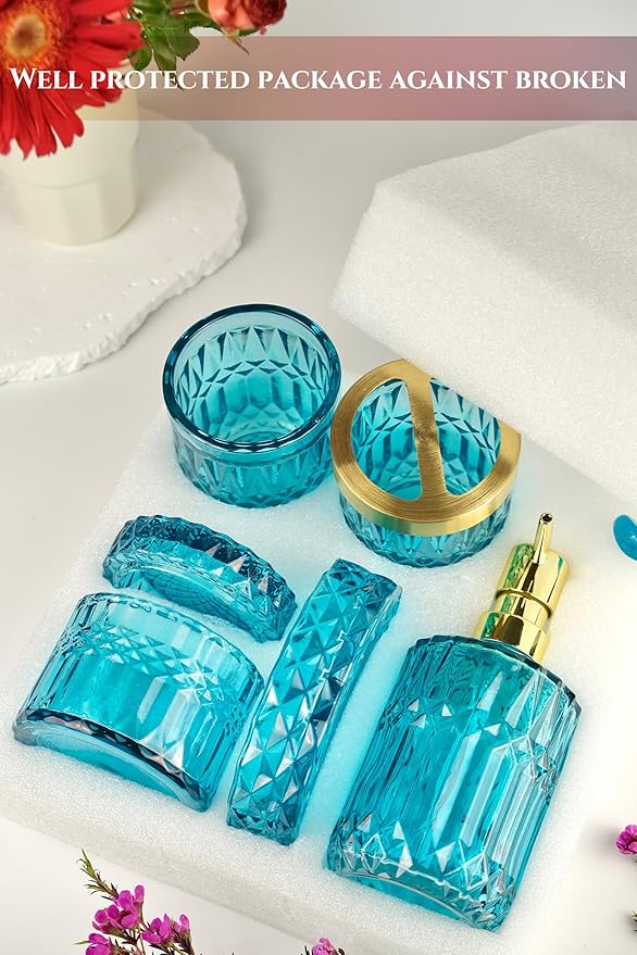 Teal Blue Bathroom Accessories Set, 5Pcs Clear Glass Bathroom Accessories, Hand Soap Dispenser Set, Soap Dish, Toothbrush Holder, Tumbler, Qtip Holder for Crystal Vantage Bathroom Decor