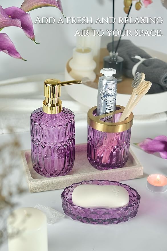 Purple Bathroom Accessories Set, 5Pcs Clear Glass Bathroom Accessories, Crystal Lotion Soap Dispenser, Toothbrush Holder Set, Soap Dish, Qtip Holder, Tumbler for Modern Bathroom Decor