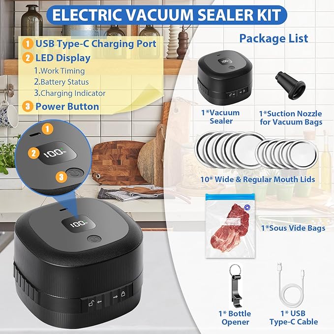 Yoobao Mason Jar Vacuum Sealer, 3 in 1 Electric Jar Sealer Kit for Regular or Wide Mouth Mason Jars, Vacuum Seal Bag, 10 Lids, Can Opener, Automatic Canning Sealing Machine for Food Storage