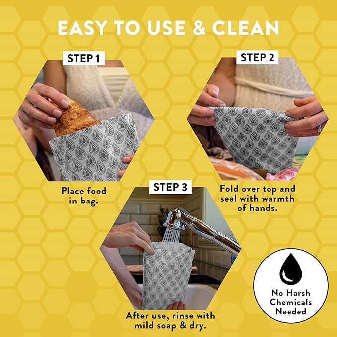 Beeswax Wrap Storage Bag, Reusable Food Storage Bags, Pack of 6, Plastic Free Biodegradable Food Wrap Alternative, Family Pack, 3 Small + 2 Medium + 1 Large, (grey)