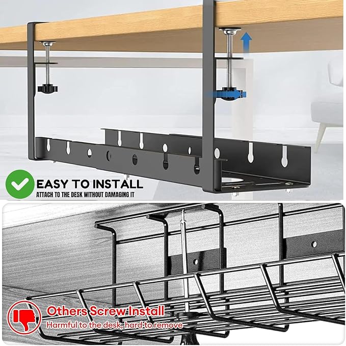 Extendable Under Desk Cable Management Tray | No Drill Adjustable Height Standing Desk Wire Organizer with Screw Mount Clamp & 2 Pcs Cable Sleeves | Under Table Cord Management with Tools, Accessories